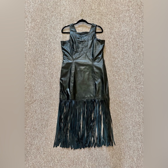 Women Handmade Slimfit Stylish Fringe Black Leather Dress - Picture 2 of 4